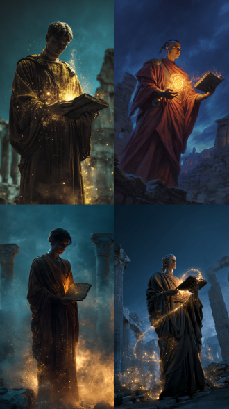 30岁男性，非生物瞳孔燃烧暗金色火焰，咽喉处为能量光团，黑色短发前短后长辫，身穿古罗马市长袍，手持记录石板，庄严站姿，黄昏背景废墟，仰视视角，电影级光影，暗金色与深蓝对比，能量粒子特效，长焦镜头，低角度拍摄，神圣感，神秘氛围，历史厚重感