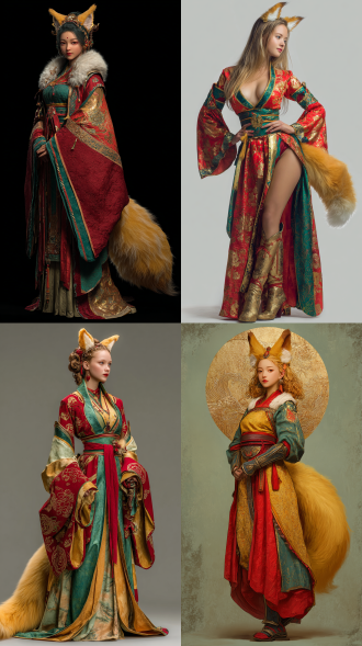 美丽的女性，头上长着金色的狐狸耳朵，175高，穿着红色金色绿色的中国圆领袍文武袖，在尾椎有着一条长并且蓬松的金色尾巴