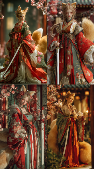 (masterpiece, best quality, ultra-detailed, 8k), 1 beautiful woman, fox ears, long fluffy golden fox tail, 175cm height, wearing a magnificent chinese hanfu, round collar robe in vibrant red, gold, and green colors, wide civil and military sleeves, holding a traditional chinese long sword with a white hilt in her right hand, serene expression, standing in a classical chinese garden with cherry blossoms, soft cinematic lighting, detailed face, intricate embroidery, flowing hair, fantasy, <lora:guofeng3:0.6>