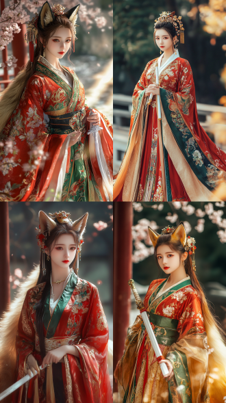 (masterpiece, best quality, ultra-detailed, 8k), 1 beautiful woman, fox ears, long fluffy golden fox tail, 175cm height, wearing a magnificent chinese hanfu, round collar robe in vibrant red, gold, and green colors, wide civil and military sleeves, holding a traditional chinese long sword with a white hilt in her right hand, serene expression, standing in a classical chinese garden with cherry blossoms, soft cinematic lighting, detailed face, intricate embroidery, flowing hair, fantasy, <lora:guofeng3:0.6>