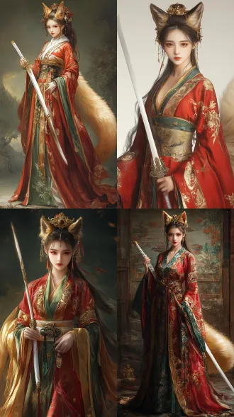 美丽的女性，头上长着金色的狐狸耳朵，175高，穿着红色金色绿色的中国圆领袍文武袖，在尾椎有着一条长并且蓬松的金色尾巴，右手持一把中式长剑（白色剑柄）