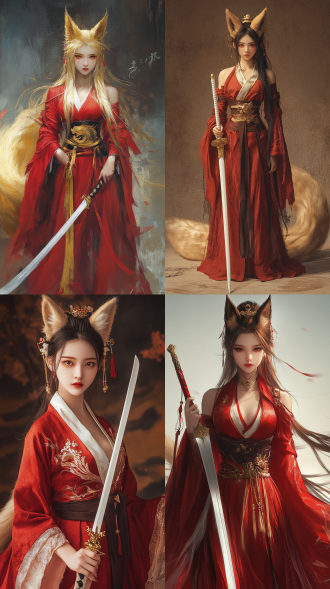 美丽的女性，头上长着金色的狐狸耳朵，175高，穿着红色便于活动，在尾椎有着一条长并且蓬松的金色尾巴，右手持一把中式长剑（白色剑柄）