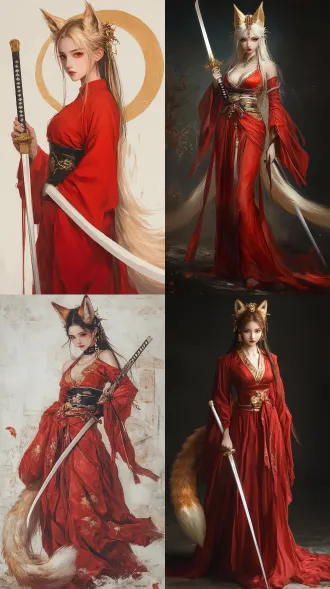 美丽的女性，头上长着金色的狐狸耳朵，175高，穿着红色便于活动的衣服，在尾椎有着一条长并且蓬松的金色尾巴，右手持一把中式长剑（白色剑柄）