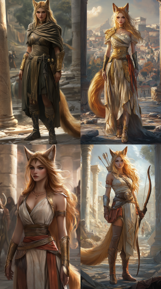 a full-body shot of a beautiful 30-year-old tall woman with elegant fox ears and a long, fluffy golden fox tail, set in ancient greco-roman era. she has long golden hair and a natural, minimal makeup without prominent eye bags. she is wearing a practical, short stola for mobility, combined with leather arm guards and shoulder armor for an archer and stealth game character. her dynamic pose is inspired by chinese dance, flowing and graceful. background with broken marble columns and twilight sky. character design sheet, game art, detailed face, sharp eyes, muted color palette, epic scene