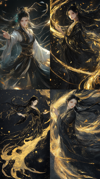 核心主题： a divine modern luo goddess painting on a traditional bow, cyberpunk mythology, chinese mythos fusion. 主体描述： · 人物： a serene and powerful chinese celestial goddess (luo shen) with a modern aura. her long black hair flows like water and data streams, with subtle electric sparks intertwined. her face is cold and determined, with an ethereal and distant expression. · 服饰： she wears flowing traditional han dynasty-style robes, but the patterns on the robes are intricate: incorporate subtle warhammer imperial eagles, i ching hexagrams, and miniature bow and arrow motifs. the sleeves and hem of her robes dissolve into a trail of scattered lotus petals and stardust. · 动作与构图： her body is in a dynamic, flying posture along the s-curve of the bow's limbs, as if soaring through the air. one hand points forward, with a stream of light flowing from her fingertip towards the tip of the bow. 背景与元素： · she moves through a blend of ethereal traditional chinese clouds and vibrant interstellar nebula dust, creating a fusion of ancient and futuristic imagery. · at the tip of the bow's outer limb, the light from her finger converges into a single, bright, stable star. · at the corresponding tip of the inner limb, depict a golden lotus bud that is about to bloom. 风格与细节： · 艺术风格： a masterful blend of fine-line chinese bai miao painting and concept art illustration. clean lines, elegant and flowing. · 色彩与质感： primary color is golden lines on a black lacquer background. the overall piece should have a sacred and profound texture, with a sense of ritual. · 工艺质感： mimic the effect of qiang jin and shi miao lacquerware, where the golden lines are sharp and raised, with slight three-dimensionality in the clothing and stardust. 画面构图： ensure the bow's mid-section has adequate blank space to maintain structural integrity and visual balance. the overall composition should be elegant, powerful, and uncluttered. 关键词： cyberpunk mythology, chinese mythology, luo goddess, divine, elegant, powerful, flowing robes, intricate patterns, warhammer, i ching, bow and arrow, lotus, stars, nebula, gold on black, lacquerware, qiang jin, clean lines, concept art, masterpiece, full body illustration, s-curve composition