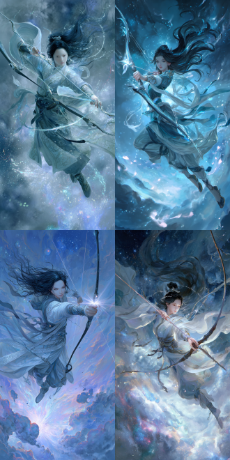 核心主题： a divine modern luo goddess painting on a traditional bow, cyberpunk mythology, chinese mythos fusion. 主体描述： · 人物： a serene and powerful chinese celestial goddess (luo shen) with a modern aura. her long black hair flows like water and data streams, with subtle electric sparks intertwined. her face is cold and determined, with an ethereal and distant expression. · 服饰： she wears flowing traditional han dynasty-style robes, but the patterns on the robes are intricate: incorporate subtle warhammer imperial eagles, i ching hexagrams, and miniature bow and arrow motifs. the sleeves and hem of her robes dissolve into a trail of scattered lotus petals and stardust. · 动作与构图： her body is in a dynamic, flying posture along the s-curve of the bow's limbs, as if soaring through the air. one hand points forward, with a stream of light flowing from her fingertip towards the tip of the bow. 背景与元素： · she moves through a blend of ethereal traditional chinese clouds and vibrant interstellar nebula dust, creating a fusion of ancient and futuristic imagery. · at the tip of the bow's outer limb, the light from her finger converges into a single, bright, stable star. · at the corresponding tip of the inner limb, depict a golden lotus bud that is about to bloom. 风格与细节： · 艺术风格： a masterful blend of fine-line chinese bai miao painting and concept art illustration. clean lines, elegant and flowing. · 色彩与质感： primary color is golden lines on a black lacquer background. the overall piece should have a sacred and profound texture, with a sense of ritual. · 工艺质感： mimic the effect of qiang jin and shi miao lacquerware, where the golden lines are sharp and raised, with slight three-dimensionality in the clothing and stardust. 画面构图： ensure the bow's mid-section has adequate blank space to maintain structural integrity and visual balance. the overall composition should be elegant, powerful, and uncluttered. 关键词： cyberpunk mythology, chinese mythology, luo goddess, divine, elegant, powerful, flowing robes, intricate patterns, warhammer, i ching, bow and arrow, lotus, stars, nebula, gold on black, lacquerware, qiang jin, clean lines, concept art, masterpiece, full body illustration, s-curve composition