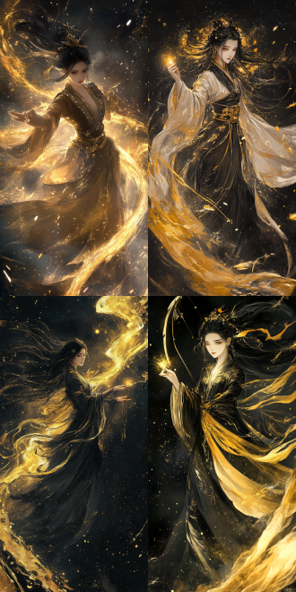 核心主题： a divine modern luo goddess painting on a traditional bow, cyberpunk mythology, chinese mythos fusion. 主体描述： · 人物： a serene and powerful chinese celestial goddess (luo shen) with a modern aura. her long black hair flows like water and data streams, with subtle electric sparks intertwined. her face is cold and determined, with an ethereal and distant expression. · 服饰： she wears flowing traditional han dynasty-style robes, but the patterns on the robes are intricate: incorporate subtle warhammer imperial eagles, i ching hexagrams, and miniature bow and arrow motifs. the sleeves and hem of her robes dissolve into a trail of scattered lotus petals and stardust. · 动作与构图： her body is in a dynamic, flying posture along the s-curve of the bow's limbs, as if soaring through the air. one hand points forward, with a stream of light flowing from her fingertip towards the tip of the bow. 背景与元素： · she moves through a blend of ethereal traditional chinese clouds and vibrant interstellar nebula dust, creating a fusion of ancient and futuristic imagery. · at the tip of the bow's outer limb, the light from her finger converges into a single, bright, stable star. · at the corresponding tip of the inner limb, depict a golden lotus bud that is about to bloom. 风格与细节： · 艺术风格： a masterful blend of fine-line chinese bai miao painting and concept art illustration. clean lines, elegant and flowing. · 色彩与质感： primary color is golden lines on a black lacquer background. the overall piece should have a sacred and profound texture, with a sense of ritual. · 工艺质感： mimic the effect of qiang jin and shi miao lacquerware, where the golden lines are sharp and raised, with slight three-dimensionality in the clothing and stardust. 画面构图： ensure the bow's mid-section has adequate blank space to maintain structural integrity and visual balance. the overall composition should be elegant, powerful, and uncluttered. 关键词： cyberpunk mythology, chinese mythology, luo goddess, divine, elegant, powerful, flowing robes, intricate patterns, warhammer, i ching, bow and arrow, lotus, stars, nebula, gold on black, lacquerware, qiang jin, clean lines, concept art, masterpiece, full body illustration, s-curve composition