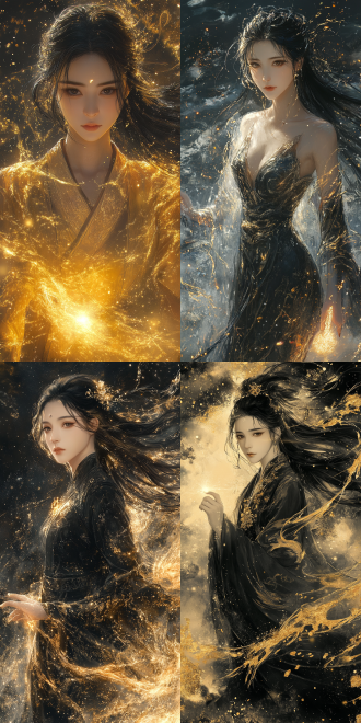 核心主题： a divine modern luo goddess painting on a traditional bow, cyberpunk mythology, chinese mythos fusion. 主体描述： · 人物： a serene and powerful chinese celestial goddess (luo shen) with a modern aura. her long black hair flows like water and data streams, with subtle electric sparks intertwined. her face is cold and determined, with an ethereal and distant expression. · 服饰： she wears flowing traditional han dynasty-style robes, but the patterns on the robes are intricate: incorporate subtle warhammer imperial eagles, i ching hexagrams, and miniature bow and arrow motifs. the sleeves and hem of her robes dissolve into a trail of scattered lotus petals and stardust. · 动作与构图： her body is in a dynamic, flying posture along the s-curve of the bow's limbs, as if soaring through the air. one hand points forward, with a stream of light flowing from her fingertip towards the tip of the bow. 背景与元素： · she moves through a blend of ethereal traditional chinese clouds and vibrant interstellar nebula dust, creating a fusion of ancient and futuristic imagery. · at the tip of the bow's outer limb, the light from her finger converges into a single, bright, stable star. · at the corresponding tip of the inner limb, depict a golden lotus bud that is about to bloom. 风格与细节： · 艺术风格： a masterful blend of fine-line chinese bai miao painting and concept art illustration. clean lines, elegant and flowing. · 色彩与质感： primary color is golden lines on a black lacquer background. the overall piece should have a sacred and profound texture, with a sense of ritual. · 工艺质感： mimic the effect of qiang jin and shi miao lacquerware, where the golden lines are sharp and raised, with slight three-dimensionality in the clothing and stardust. 画面构图： ensure the bow's mid-section has adequate blank space to maintain structural integrity and visual balance. the overall composition should be elegant, powerful, and uncluttered. 关键词： cyberpunk mythology, chinese mythology, luo goddess, divine, elegant, powerful, flowing robes, intricate patterns, warhammer, i ching, bow and arrow, lotus, stars, nebula, gold on black, lacquerware, qiang jin, clean lines, concept art, masterpiece, full body illustration, s-curve composition