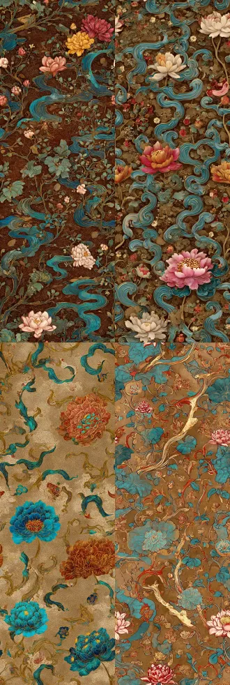 imagine prompt: ornate seamless textile pattern, dunhuang mogao caves art, detailed meandering vines, peonies, lotus flowers, celestial musicians, khotan style, faded earthy tones, ochre, turquoise, gold leaf accents, ancient chinese silk design
