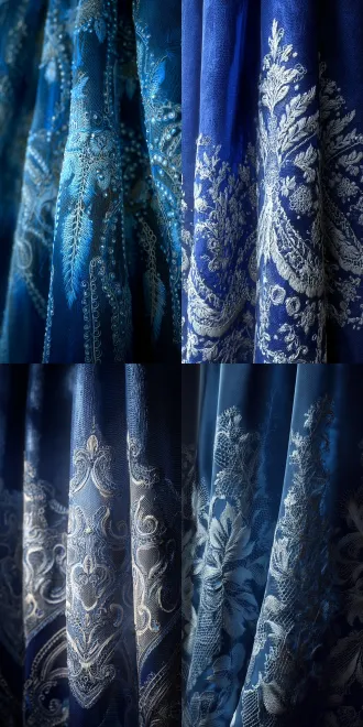 ``` blue fabric with intricate white lace patterns, vertical arrangement, rich texture, soft lighting, detailed craftsmanship, elegant and refined style. ```