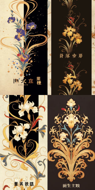 鸢尾花纹路，纯黑色背景，金色花纹