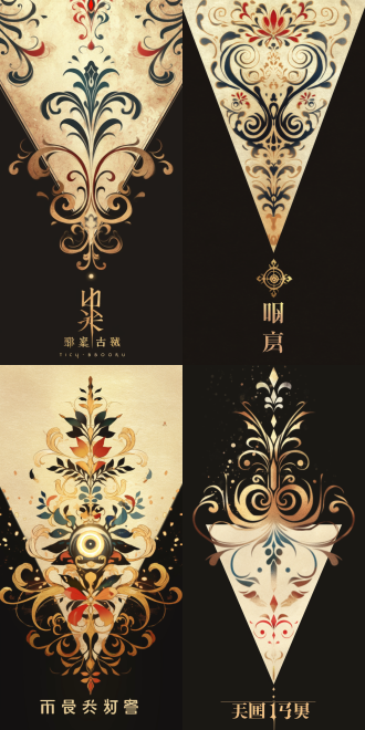 鸢尾花纹路，纯黑色背景，金色花纹，不需要底部文字，纵向构图，整体呈长三角状，左右对称。