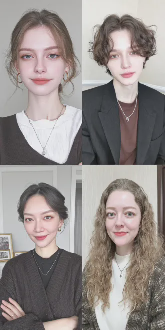 中性化人物肖像，小麦色健康肌肤，简约中性服装，柔和自然妆容，对称构图，浅景深，柔光，阴影柔和，中性色调，微侧脸角度，自信平静表情，高分辨率，细腻肤质，素雅背景，中性风格，低调优雅