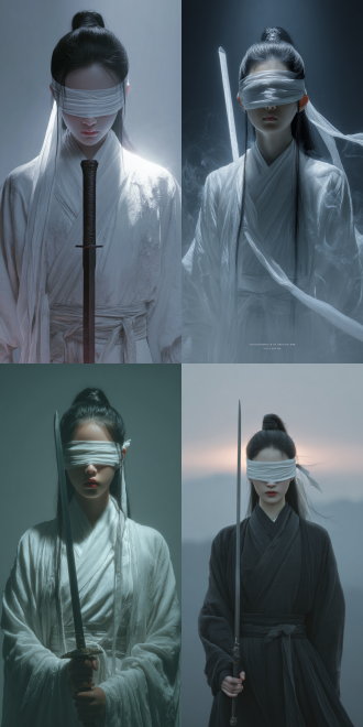17岁剑圣史诗肖像，中性美，宁静表情，白色丝绸简单蒙眼，修长中性身材，飘逸黑色武侠长袍，高马尾黑发，手持传统长剑（剑），冷静备战，神性感，感知气流，淡淡发光光晕，缥缈武侠风，柔和光线，精细细节，黎明薄雾山顶，艺术家wlop和张晓刚风格，高动态范围，浅景深，环境光，冷色调，仙气，超凡脱俗，优雅，神秘，东方美学。