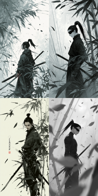 盲剑客在竹林中，极简黑色武服，直长剑，感知落叶轨迹，高马尾黑发，纤细身形，蒙眼，年轻优雅与致命精准结合，黑白单色点缀，水墨画风格，动态与静默并存，薄雾氛围，杰作，广角镜头，浅景深，柔光，细腻纹理，对角线构图，飘落竹叶，冷色调，肃穆情感，氛围感。