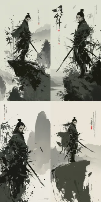 女性战士站立于悬崖之上，手持长剑，长发随风飘扬，坚毅眼神直视远方，铠甲与披风展现力量与优雅，背景是日落时分的壮丽山脉，冷色调与金色光线交织。广角镜头，低角度拍摄，自然光与逆光结合，动态模糊披风，金属质感铠甲，细腻肌肤纹理，冷酷表情，深蓝与金色为主色调，氛围震撼而庄严