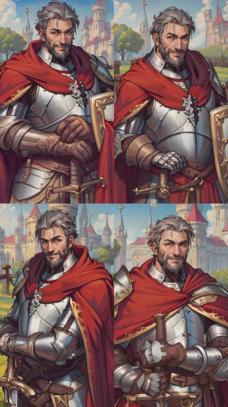 45岁帅气大叔骑士，全身铠甲闪耀，披风飘扬，成熟稳重面容，深邃眼神，中世纪城堡背景，夕阳余晖，史诗感构图，细节精致，金属质感，电影级光影，暗色调与金色高光对比，威严站姿，佩剑在手，冷峻表情，英雄气场，超现实风格，8k超高清，锐利焦点，动态模糊，油画般纹理。