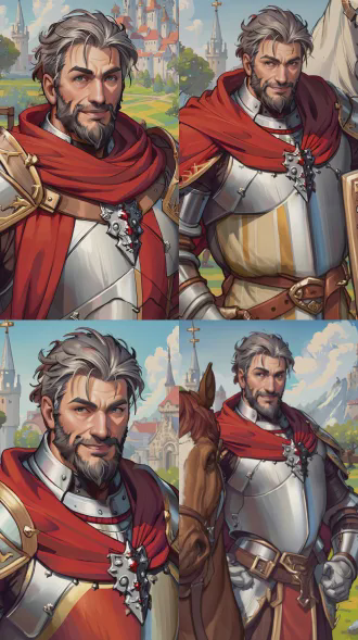 按照给出的图片，强化、美化风格和形象，是一名45岁成熟帅气的大叔骑士。