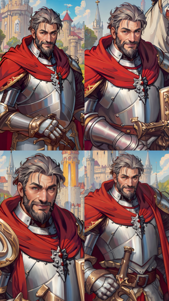 按照给出的图片，强化、美化风格和形象：45岁帅气大叔骑士，全身铠甲闪耀，披风飘扬，成熟稳重面容，深邃眼神，中世纪城堡背景，夕阳余晖，史诗感构图，细节精致，金属质感，电影级光影，暗色调与金色高光对比，威严站姿，佩剑在手，冷峻表情，英雄气场，超现实风格。整体风格再写实一些