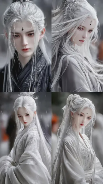 天野喜孝的风格样式： ultra detailed portrait of a jianghu female cultivator, supermodel posture, tall and slender yet powerful dancer's physique, extremely slim waist, small chest. beautiful and androgynous face, snow-white skin, long silver-white hair, grey-blue eyes, white eyelashes. a small black琉璃珠 with silver glow embedded in the center of her forehead, from which intricate silver leaf-vein patterns spread towards her hairline. serene expression, wearing elegant eastern wuxia-style robes, half-body shot, masterpiece, cinematic lighting, soft diffusion, ethereal, fine details, delicate yet powerful, by artgerm and wlop, style blending digital painting and ink wash, 8k,