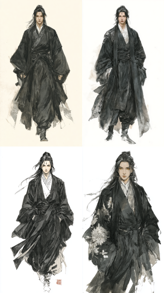 全身肖像，江湖侠士，身姿如竹挺拔优雅，及踝黑发金瞳瓷白肌肤，面容俊美中性，额嵌透明宝珠，颈至胸前有白色工笔牡丹纹，神情清冷出尘，身着飘逸黑色层叠武侠袍服，水墨画风，大师杰作，高细节，空灵氛围，戏剧性对比，柔光电影照明，wlop与artgerm风格，8k分辨率，raw风格，2:3比例