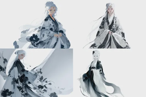 传统水墨画风格，白衣黑花宽袍女子立于纯白背景，银白长发，灰蓝眼眸，神情静谧神秘，额头镶嵌发光黑琉璃珠，衣袂飘逸流动，动态褶皱，黑白主色调，优雅纤细身形，柔光侧逆光，特写镜头，极简构图，空灵氛围，宁静而深邃的情绪。