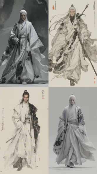 全身肖像，江湖侠士，身姿挺拔如竹优雅，拖地银发灰瞳瓷白肌肤，面容美丽，额嵌黑色宝珠，左侧衣袍有黑色工笔牡丹纹，神情清冷出尘，身着飘逸白色层叠武侠袍服，水墨画风，大师杰作，高细节，空灵氛围，戏剧性对比，柔光电影照明，全身构图，浅景深，肖像摄影，丝绸质感，东方美学，仙侠意境，清冷情绪，柔焦，丝绸质感，电影布光，工笔画细节，水墨渲染，飘逸动态。