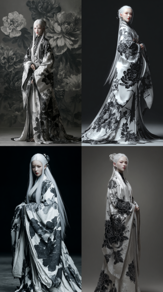 全身肖像，江湖女侠，身姿挺拔如竹优雅，瓷白肌肤灰瞳及地银发，面容清冷美丽，额嵌黑珠，白衣飘逸层叠饰黑色工笔牡丹纹，水墨画风，大师杰作，高细节，空灵氛围，柔光电影照明，戏剧性对比，浅景深，肖像构图，东方美学，清冷出尘