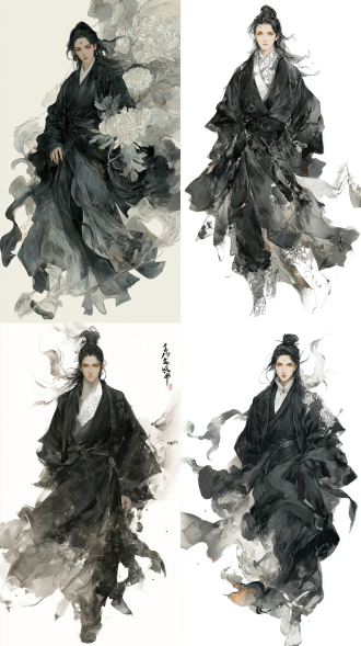 全身肖像，江湖侠士，身姿如竹挺拔优雅，及踝黑发金瞳瓷白肌肤，面容俊美中性，额嵌透明宝珠，颈至胸前有白色工笔牡丹纹，神情清冷出尘，身着飘逸黑色层叠武侠袍服，水墨画风，大师杰作，高细节，空灵氛围，戏剧性对比，柔光电影照明，wlop与artgerm风格，8k分辨率，raw风格，2:3比例