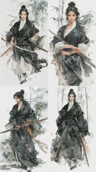 白衣白发的女侠客轻捻衣角手持长剑，水墨武侠风格，全身像，雪地竹林背景，飘逸灵动，冷峻表情，中国风，浅景深，长焦镜头，柔和的自然光，静态中的动势，蓝白主色调，清冷孤高。