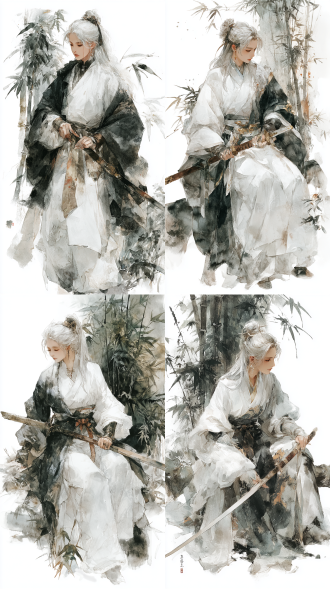 女性侠客轻捻衣角手持长剑，白色古装与银发飘逸，竹林背景，水墨画风格，肖像构图，浅景深，柔光，静态优雅，清冷色调，平静坚毅。