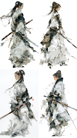 女性侠客水墨画，长发及地，白衣黑边牡丹纹，手持长剑，侧身捻衣角，神情冷峻孤傲，写实漫画风格，大师手笔，动态水墨笔触，留白构图，浅绛与墨色，戏剧性侧光，武侠意境，苍凉壮美