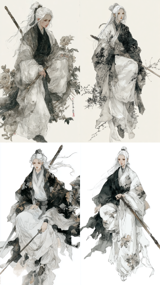 女性侠客，长发拖地，一手轻捻衣角，一手轻持一柄中国长剑。白色衣服，白色头发，衣服的纹路是黑色边线的牡丹花，整体风格强烈，水墨风，大师风格。有点像侠客行写实漫画风格
