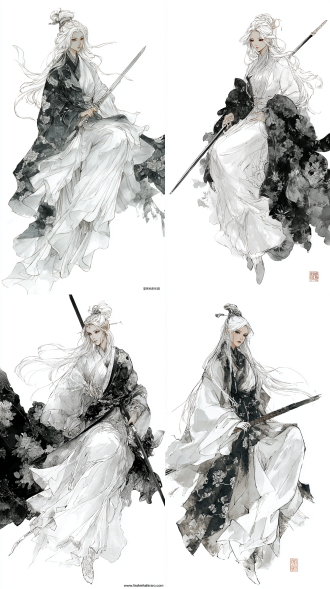 女性剑仙，白色长发及地，捻衣角持长剑，白衣黑边牡丹纹，强烈水墨风，写实漫画侠客行风格，全身像，对角线构图，墨色与留白，冷色调，戏剧性侧光，锐利焦点，飘逸动态，清冷孤傲，大师杰作。