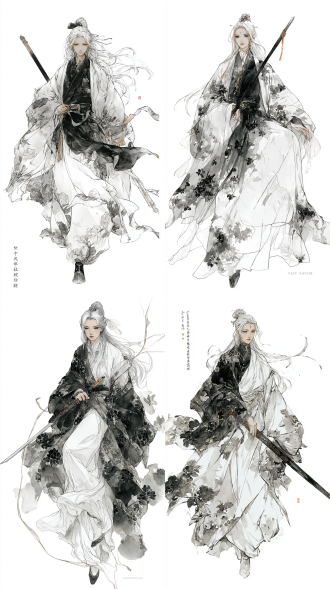 女性剑仙，白色长发拖地，白衣黑色牡丹纹饰，手持中国长剑，捻衣角，侠客行写实水墨漫画风格，大师杰作，全身像，居中构图，水墨晕染，飘逸仙气，黑白色调为主，朱红点缀，清冷表情，氛围感，戏剧性光线，精细线描，动态捕捉，意境深远。