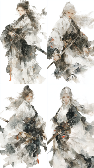 女性仙女剑仙, 白色长发, 轻捻衣角, 手持中国长剑, 白衣黑边牡丹花纹, 水墨风格, 侠客行写实漫画, 大师风格, 全身像, 远景, 山巅云海, 写实漫画, 电影光效, 侧逆光, 动态模糊, 飞散发丝, 红唇明眸, 清冷神情, 国画工笔, 黑白主色, 红色点缀, 孤傲决绝
