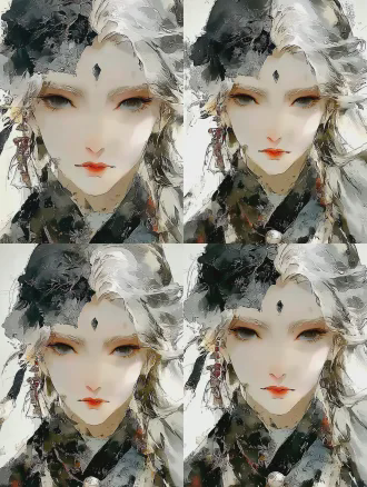 半身肖像，银色长发，眉心镶嵌黑色宝石，额头有叶脉纹路，灰色眼眸，月光般清冷气质，超现实奇幻，特写镜头，柔焦效果，冷色调，伦勃朗光，细腻皮肤纹理，宁静神秘