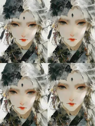 半身肖像，眉心镶嵌黑色宝石，额头有银色树叶纹理，灰色眼眸凝视镜头，新中式美学，浅景深特写，柔和的影室灯光，细腻的皮肤纹理，冷色调背景，神秘而宁静的氛围，珠宝摄影风格，超高细节，3d渲染，超现实主义。