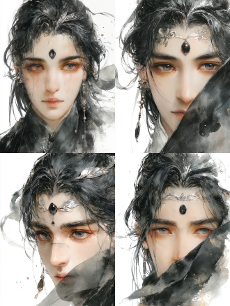 半身肖像，眉心镶嵌黑色宝石，额头有银色树叶纹理，灰色眼眸凝视镜头，新中式美学，浅景深特写，柔和的影室灯光，细腻的皮肤纹理，冷色调背景，神秘而宁静的氛围，珠宝摄影风格，超高细节，3d渲染，超现实主义。