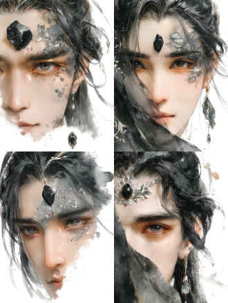 半身肖像特写，眉心镶嵌黑曜石宝石，额头银色树叶纹理蔓延伸展，灰色眼眸凝视镜头穿透灵魂，新中式美学与超现实主义融合，浅景深，珠宝摄影风格，细腻皮肤纹理与宝石光泽，柔和的影室环形光，冷色调渐变背景，神秘宁静氛围中蕴含圣洁与堕落，超高细节3d渲染， octane render， photorealistic， extreme close-up， delicate jewelry lighting， serene yet eerie emotion。