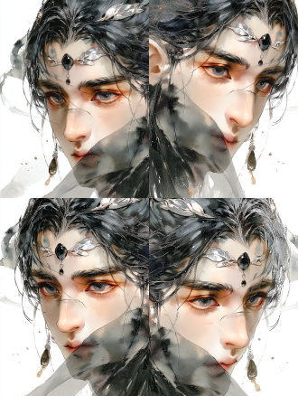 半身肖像，银白发丝，眉心黑宝石，额头银色叶纹，灰眸凝视，新中式美学，浅景深特写，柔光影室，细腻肤质，冷调背景，神秘宁静，珠宝摄影风格，超高细节，3d渲染，超现实主义，圣洁与堕落交织，神圣感，暗黑优雅，肖像摄影，戏剧性光影，锐利聚焦，瓷器质感，矛盾情绪。