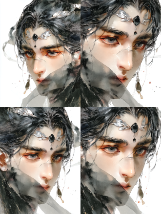 半身肖像，纯银白色头发，眉心镶嵌黑色宝石，额头银色树叶纹理，灰色眼眸凝视镜头，新中式美学，浅景深特写，柔和的影室灯光，细腻皮肤纹理，冷色调背景，珠宝摄影风格，超高细节，3d渲染，超现实主义，圣洁与堕落并存，神秘宁静氛围，戏剧性侧光，瓷器般肌肤，矛盾情感。