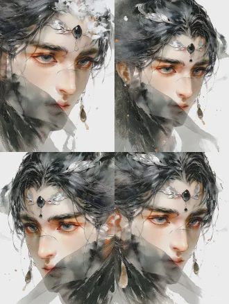 半身肖像，纯银白发，眉心黑宝石，额头银色叶纹，灰眸凝视镜头，新中式美学，浅景深特写，女模特，细腻肤质，柔光影室灯，冷调背景，圣洁又堕落感，神秘宁静，珠宝摄影风格，立体光，超高细节，3d渲染，超现实主义，哑光质感，冷银色调，微距镜头，极致特写。