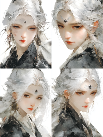 半身肖像，纯银白色长发女性，眉心镶嵌黑色宝石，额头银色树叶纹理，灰色眼眸凝视镜头，新中式美学，浅景深特写，柔和的影室灯光，细腻皮肤纹理，冷色调背景，珠宝摄影风格，超高细节，3d渲染，超现实主义，圣洁与堕落并存，神秘宁静氛围，陶瓷般肌肤，戏剧性侧光，锐利焦点，高级时装感，空灵气质。