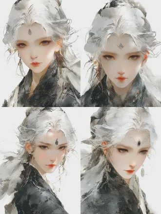 半身肖像，纯银白色头发，眉心镶嵌黑色宝石，额头有银色树叶纹理，灰色眼眸凝视镜头，新中式美学，浅景深特写，柔和的影室灯光，细腻的皮肤纹理，冷色调背景，神秘而宁静的氛围，珠宝摄影风格，超高细节，3d渲染，超现实主义。 圣洁又堕落的感觉。女性。