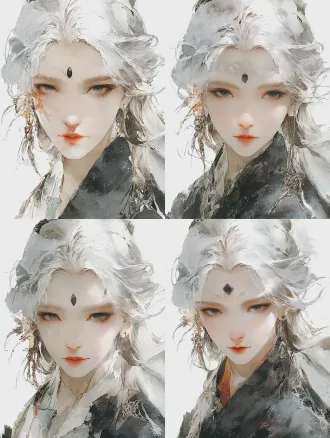 半身肖像，纯银白色长发女性，眉心镶嵌黑色宝石，额头有银色树叶纹理，灰色眼眸凝视镜头，细腻皮肤纹理，新中式美学与珠宝摄影风格，浅景深特写，柔和的影室灯光，冷色调背景，超现实主义3d渲染，超高细节，神秘宁静又圣洁堕落的矛盾氛围。