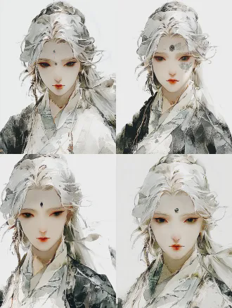 半身肖像特写，银白色头发，纯白新中式服装，眉心镶嵌黑色宝石，额头银色树叶纹理，灰色眼眸凝视镜头，神秘宁静，柔和的影室灯光，浅景深，冷色调背景，细腻皮肤纹理，珠宝摄影风格，超高细节，超现实主义，3d渲染，锐利焦点，瓷器般质感，纯净空灵。