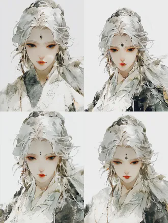 半身肖像，银白色头发，纯白衣服，眉心镶嵌黑色宝石，额头有银色树叶纹理，灰色眼眸凝视镜头，新中式美学，浅景深特写，柔和的影室灯光，细腻的皮肤纹理，冷色调背景，神秘而宁静的氛围，珠宝摄影风格，超高细节，3d渲染，超现实主义。