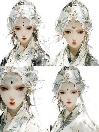 半身肖像，银白色头发，纯白衣服，眉心镶嵌黑色宝石，额头有银色树叶纹理，灰色眼眸凝视镜头，新中式美学，浅景深特写，柔和的影室灯光，清晰并细腻的皮肤纹理，暖色调背景，神秘而宁静的氛围，珠宝摄影风格，超高细节，3d渲染。