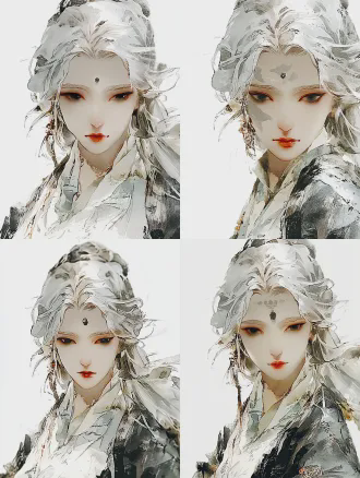 半身肖像，银白发丝与纯白新中式服装，眉心镶嵌黑色宝石，额头精致银色树叶纹理，灰色眼眸凝视镜头，浅景深特写，柔和影室灯光，细腻皮肤纹理，暖色调背景，珠宝摄影风格，超高细节3d渲染，神秘宁静氛围，柔焦效果，工作室人像，伦勃朗光，锐利焦点，高级珠宝质感。